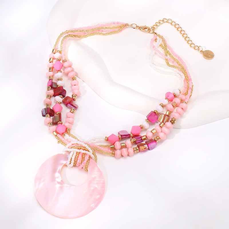 Coiris Shell Pendant Statement Strand Necklace for Women Boho Multi Beads Natural Stone Colorful Necklace Bohemian Handmade Chunky Shell Beaded Collar Jewelry for Women - Image 2